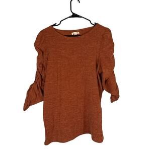 Max Studio Burnt Orange 3/4 Ruched Sleeve Boat Neck Knit Blouse Women Sz L